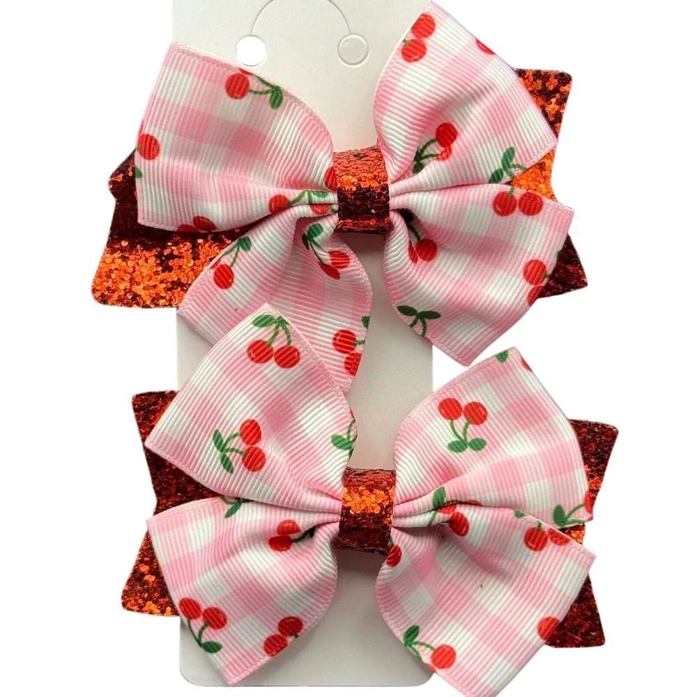 Girls Pink Gingham Cherry Hair Bows Red Glitter Alligator Clips 2 Pack Set‎